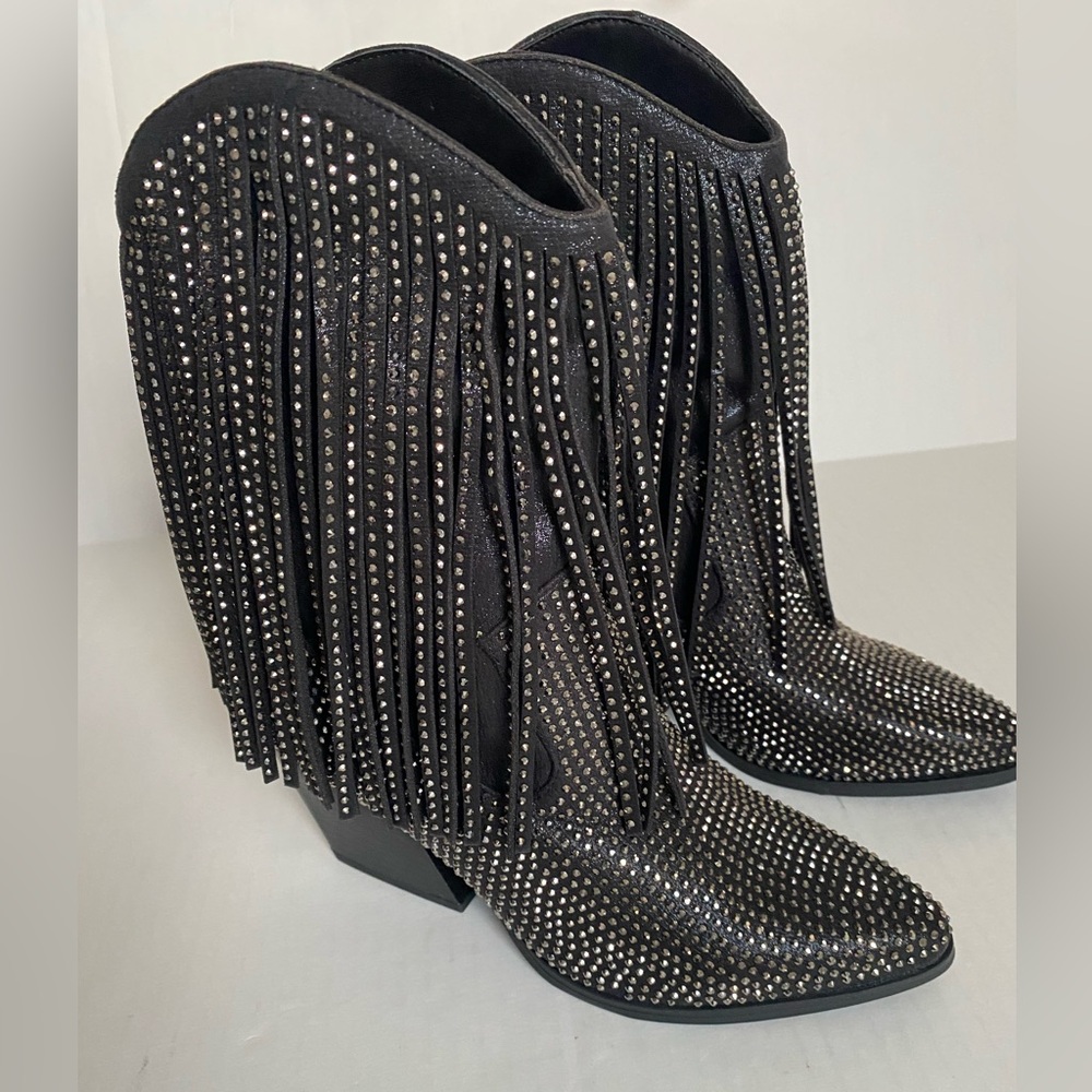 Soda Select Black Rhinestone Fringe Western Boots Sz 7.5 New Without Box
